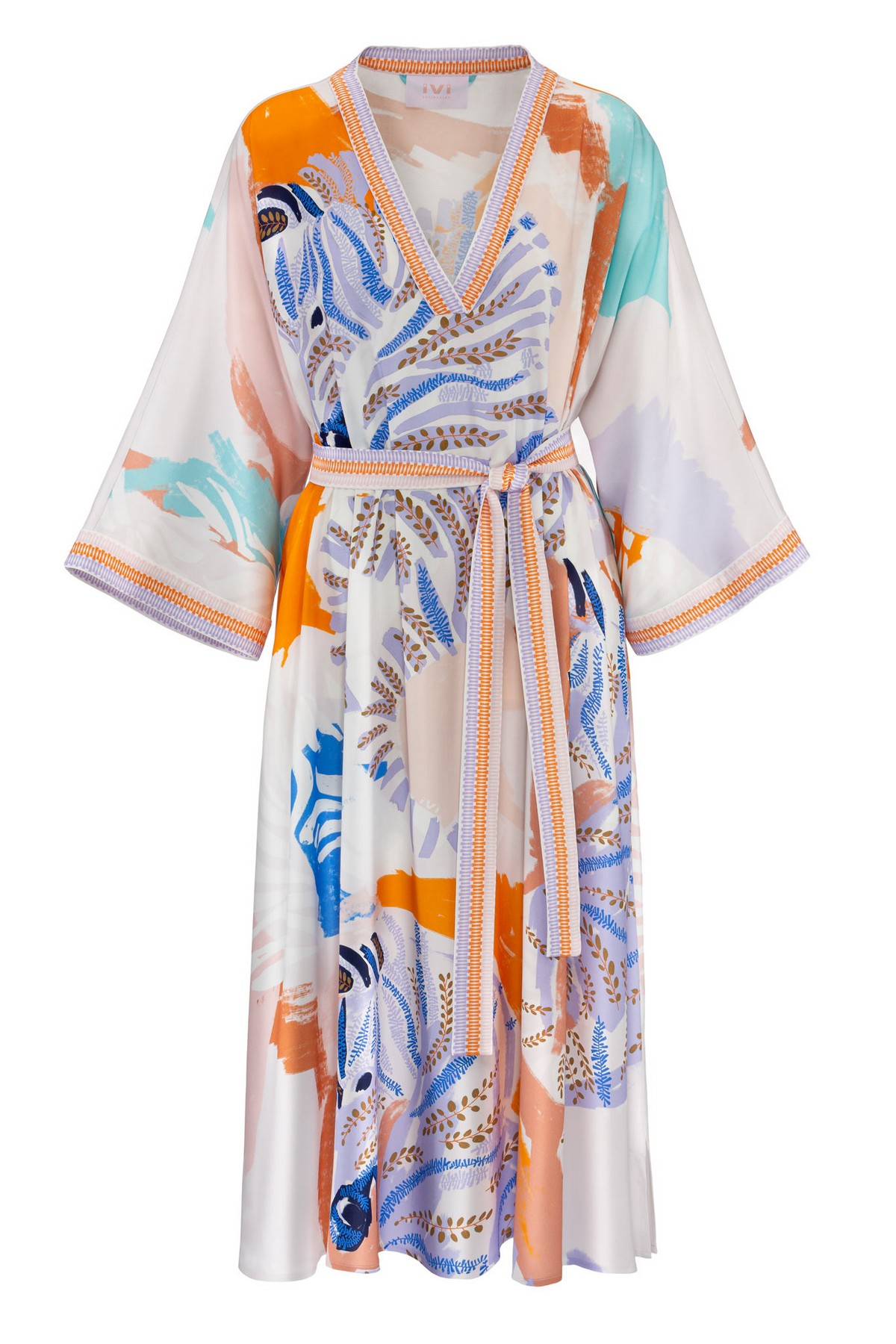 Kaftan kleed V print viscose in de kleur wit oranje blauw van het merk Ivi Collection